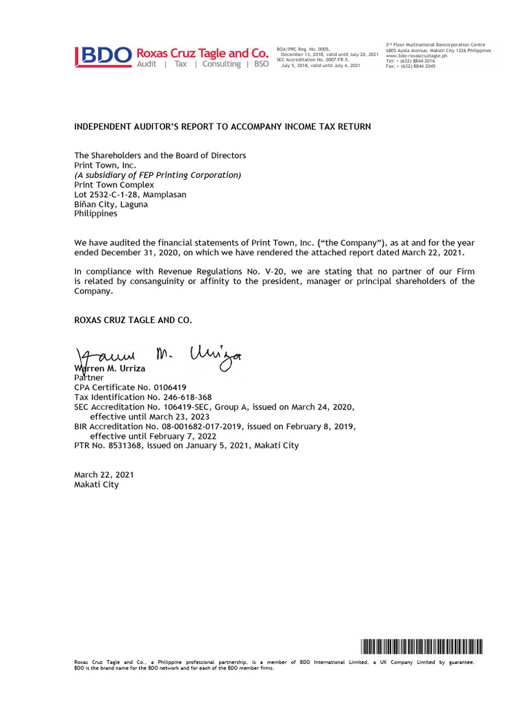 Print Town, Inc (AFS 2020) Download Free PDF Deferred Tax Financial Audit