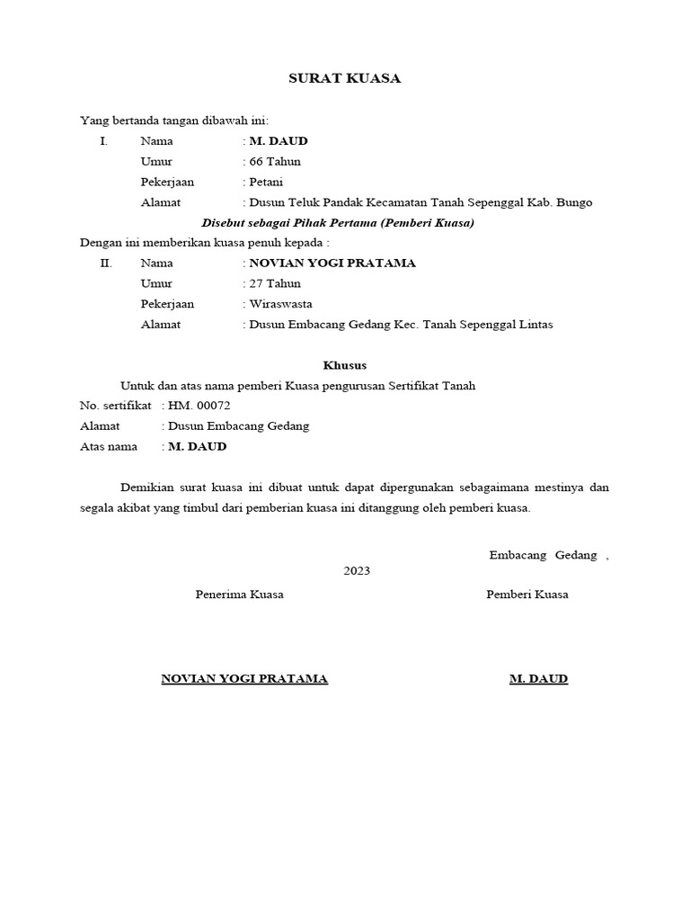 Surat Kuasa Pemecahan Sertifikat Tanah | PDF