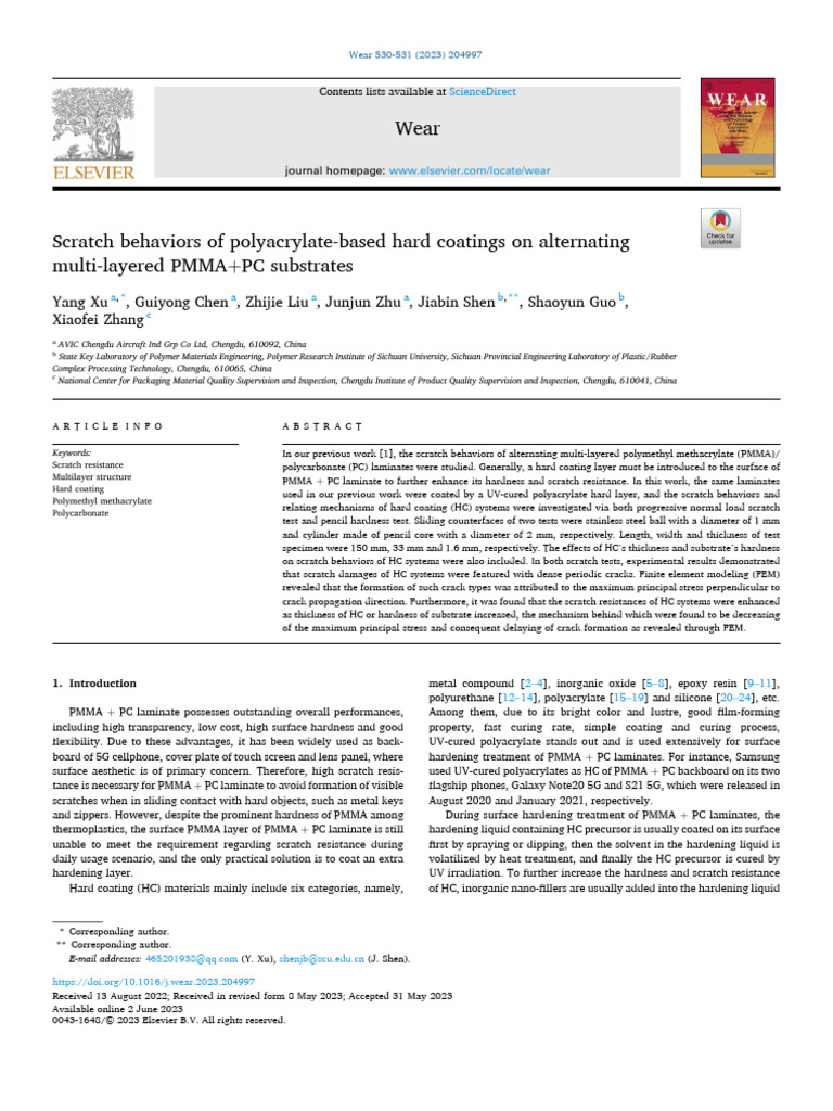 Scratch Behaviors of Polyacrylate-Based Hard Coatings On Alternating ...
