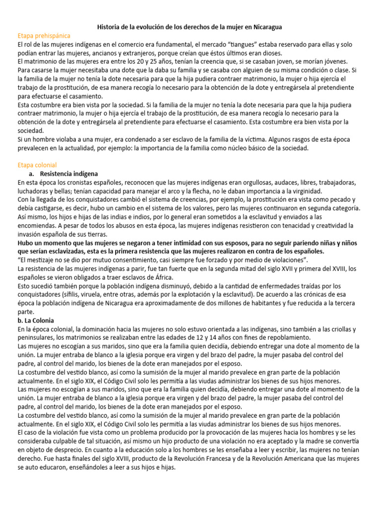 Historia de la evolución de los derechos de la mujer en Nicaragua | PDF ...