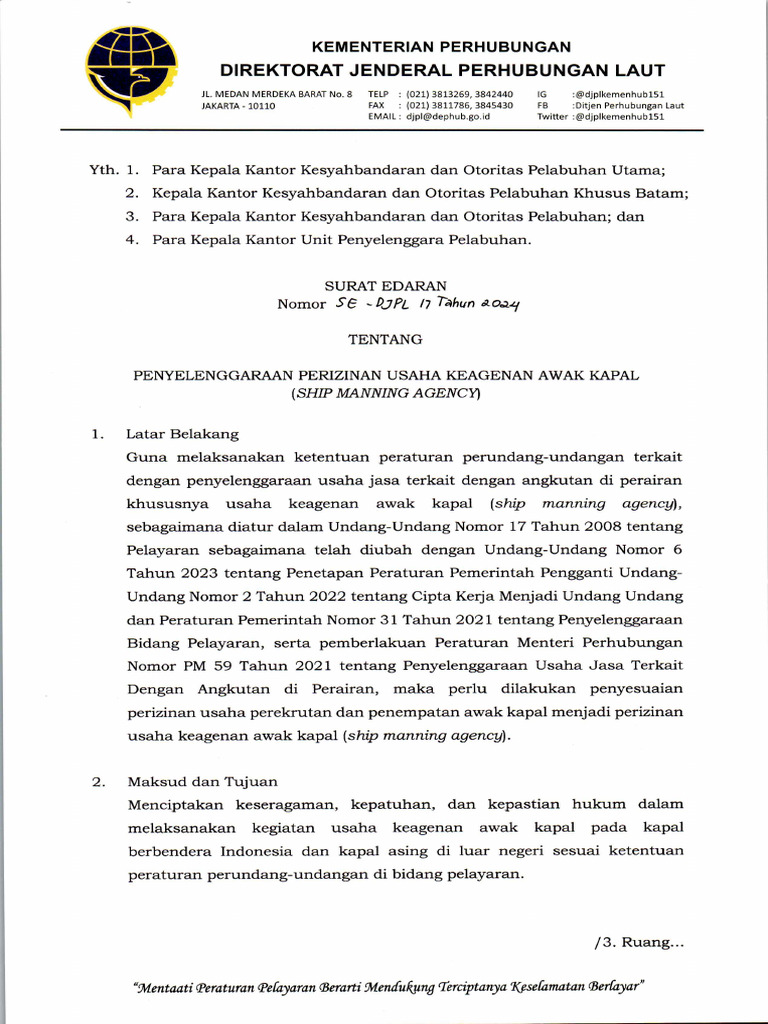 Surat Edaran Shipp Manning Agency | PDF