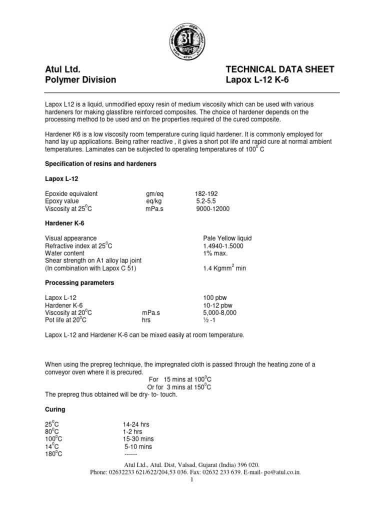 Lapox L-12 K-6 Epoxy Resin Specs | PDF | Epoxy | Materials Science