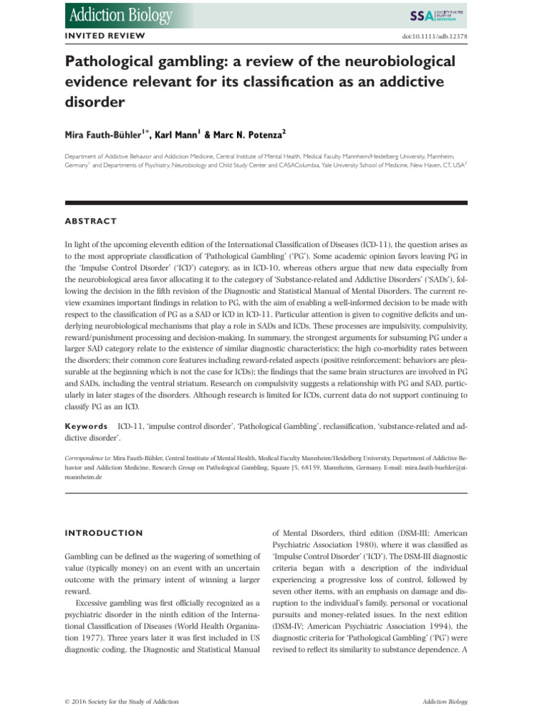 Neurobiological Evidence for Pathological Gambling Classification | PDF ...