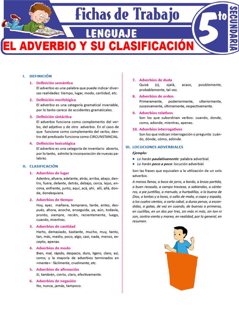 El Adverbio y Su Clasificacion Para Quinto Grado de Secundaria ...
