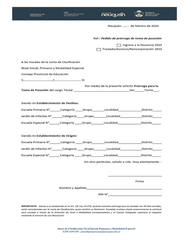 Solicitud de Prórroga de Toma de Posesión | PDF | Educación de la ...