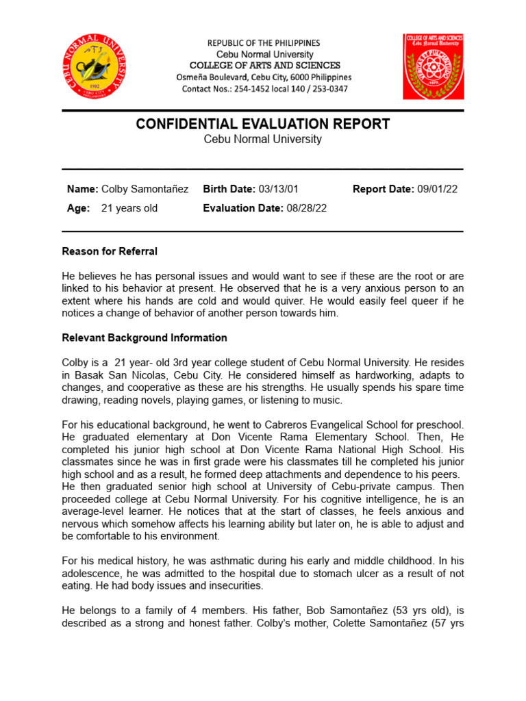 Colby Samontañez: Anxiety Evaluation Report | PDF | Bullying | Mental ...