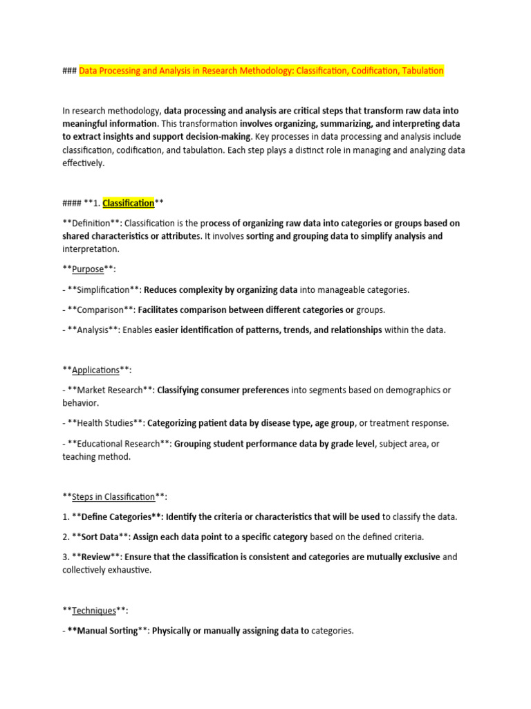 Data Processing: Classification, Codification, Tabulation | PDF | Level ...