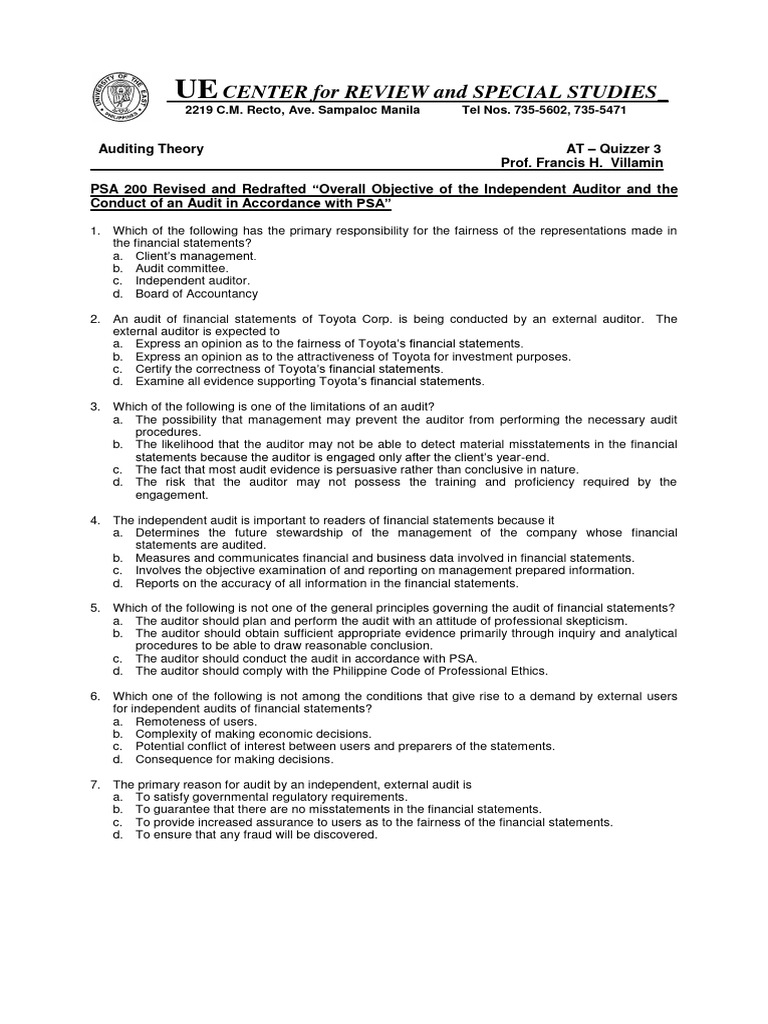 Auditing Theory Quiz: Key Concepts | PDF | Audit | Financial Audit