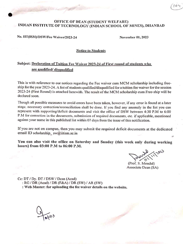 Notice of Tuition Fee Waiver 2023-24 (First Round) | PDF