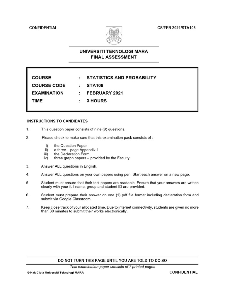STA108 Final Assessment February 2021 | PDF | Applied Mathematics ...