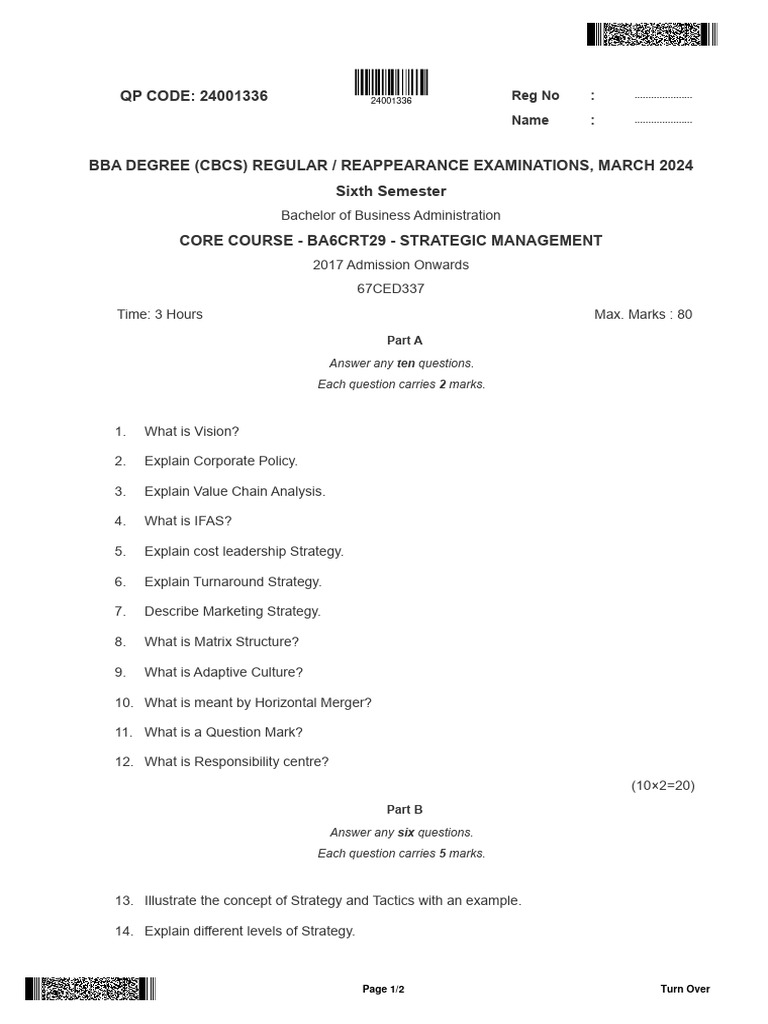 Bba degree cbcs regular strategic management bba 42 download free pdf