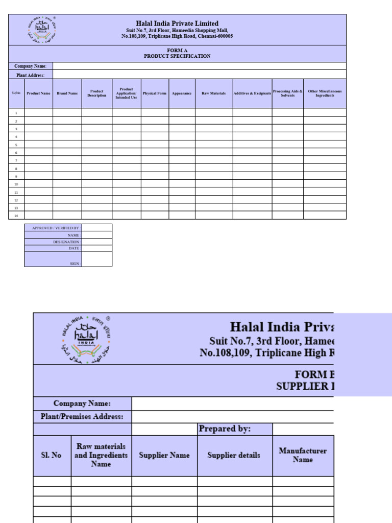 Form a and form b product specification and rm ingredients list