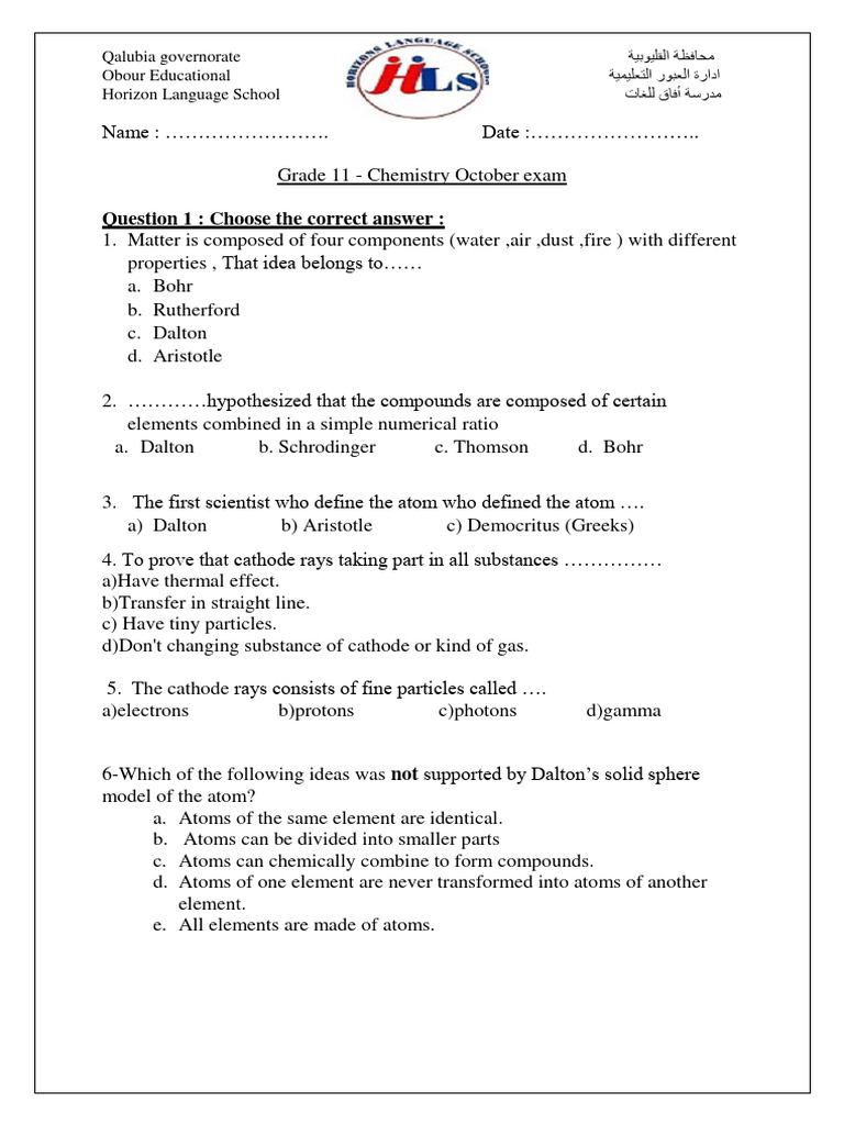 Grade 11 Chemistry Exam Questions | PDF | Atoms | Chemical Elements