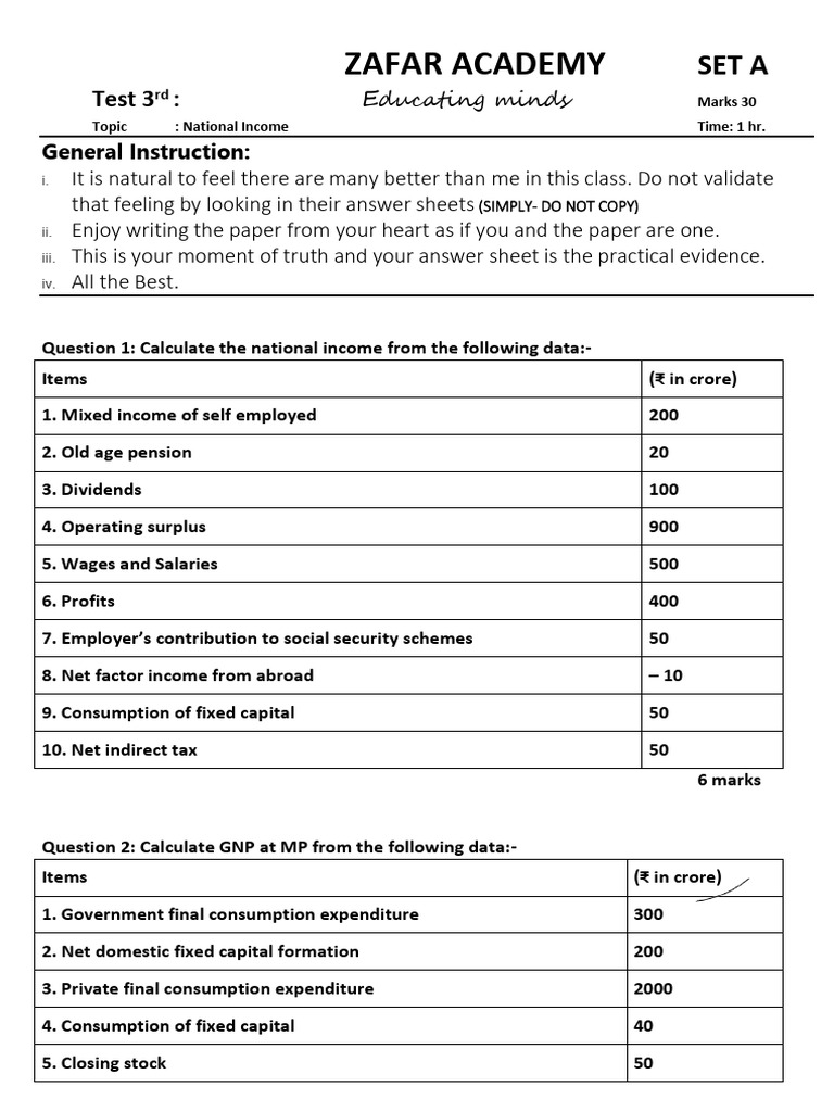 Test 3 National Income - SET A | PDF | Measures Of National Income And ...