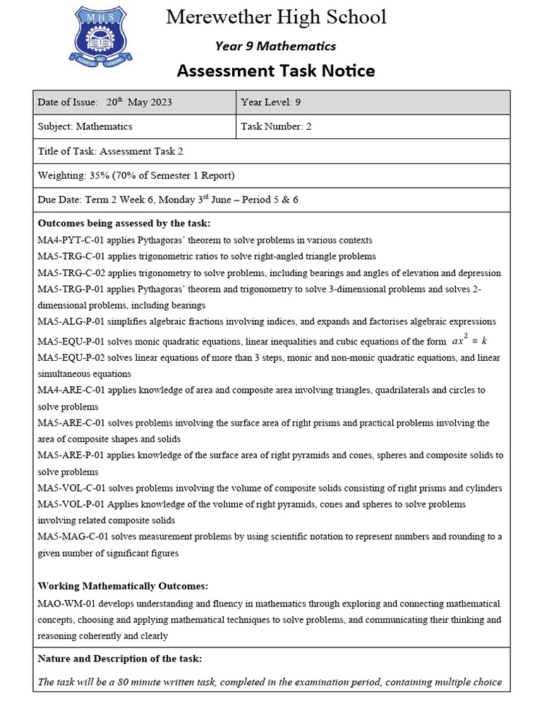 Year 9 2024 at2 assessment notification pdf equations area