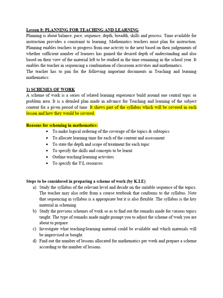 Lesson 8-Planning For Teaching and Learning | PDF | Learning | Teachers