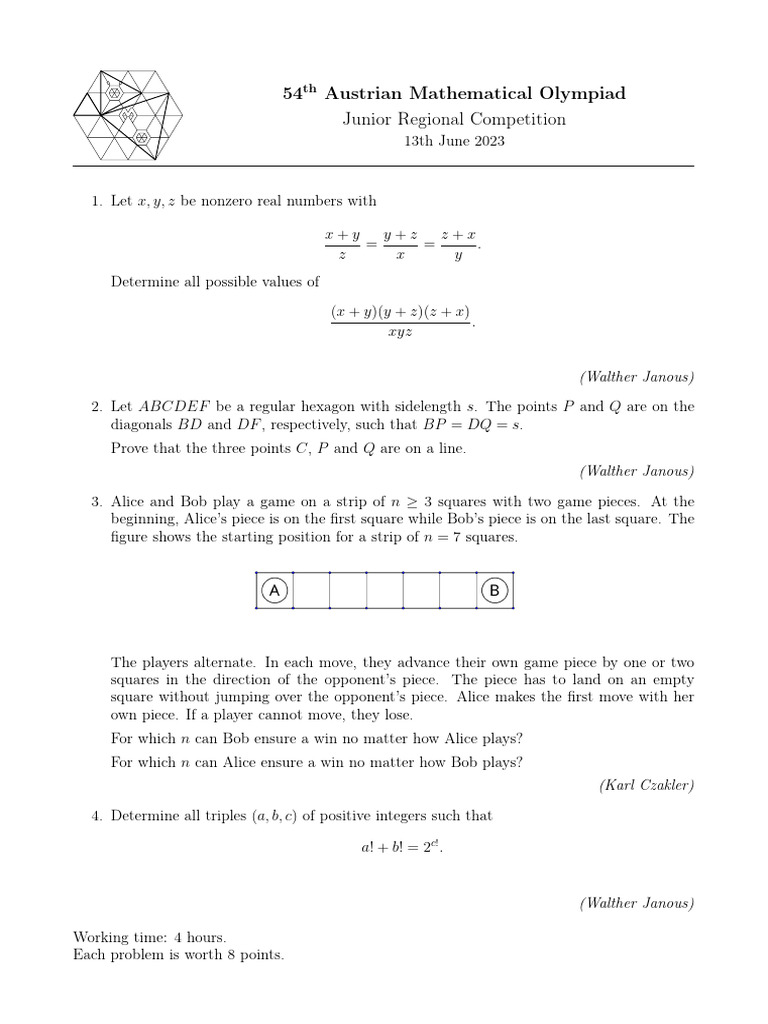 Austrian Math Olympiad 2023 Problems | PDF