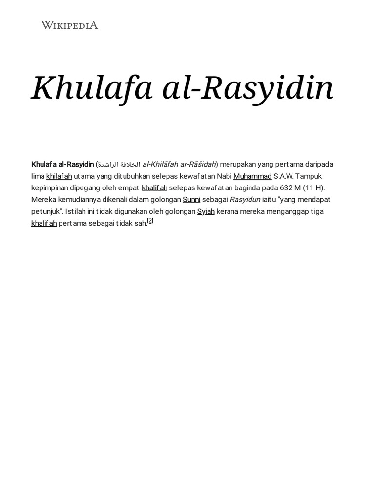 Khulafa Al-Rasyidin - Wikipedia Bahasa Melayu, Ensiklopedia Bebas | PDF