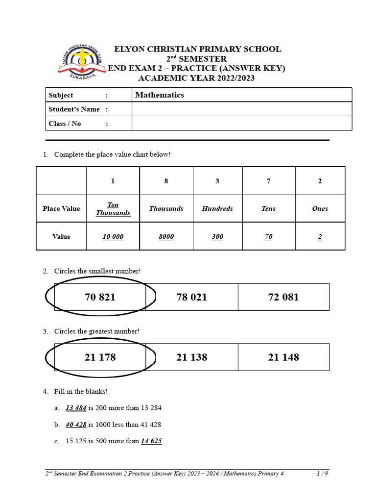 Mathematics Exam 2 Practice Answer Key | PDF | Symmetry | Arithmetic