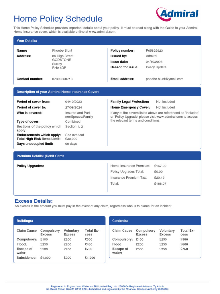Admiral Home Insurance Policy Schedule | PDF | Insurance | Home Insurance