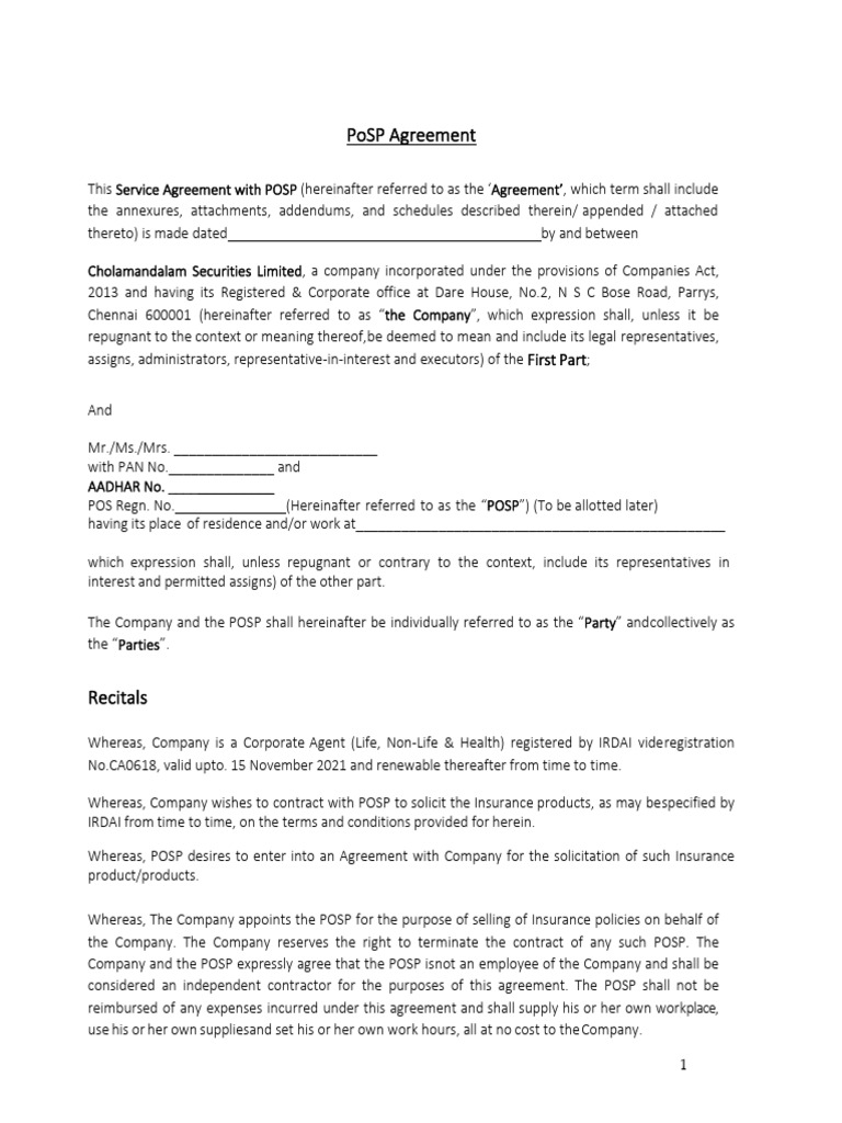 POSP Service Agreement Overview | PDF | Indemnity | Insurance