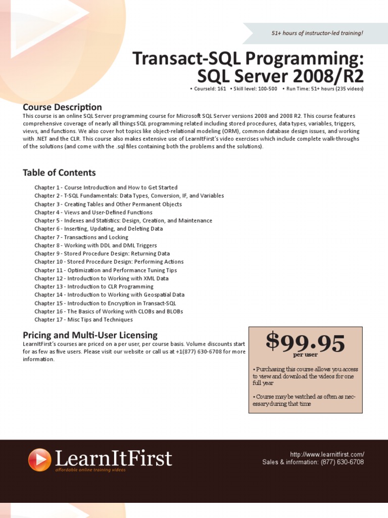 Transact-SQL Programming: SQL Server 2008/R2: Course Description | PDF ...