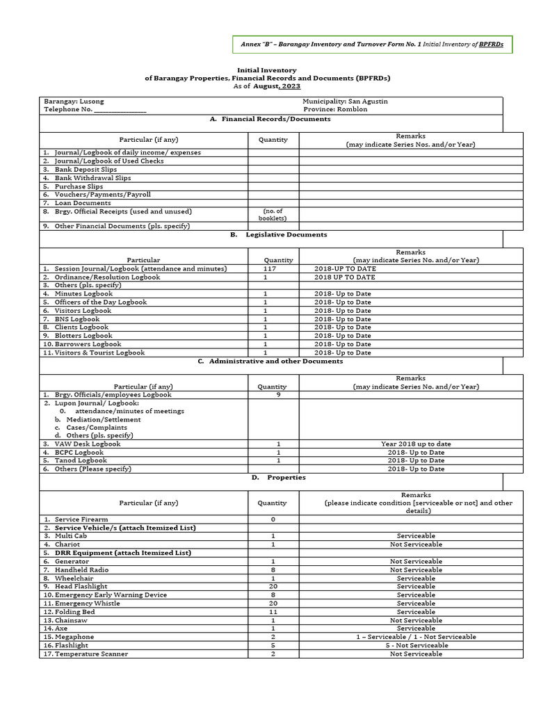 Barangay Inventory and Turnover of BPFRD and Money | PDF | Banks