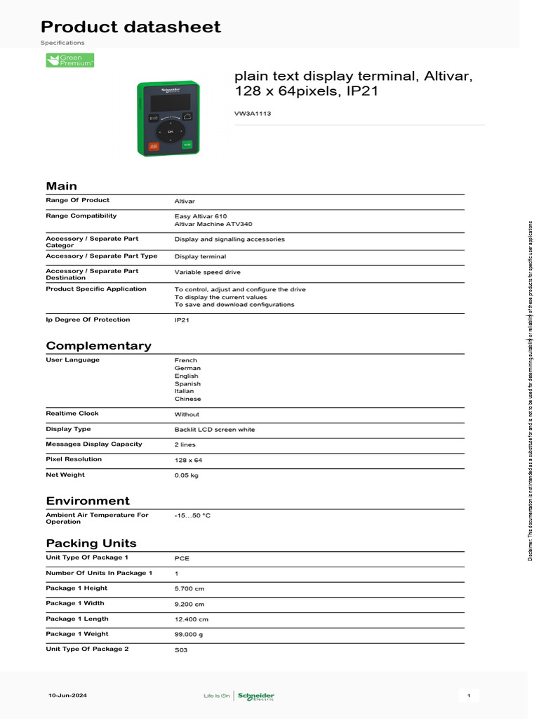 VW3A1113 Altivar Display Terminal Datasheet | PDF | Sustainability ...