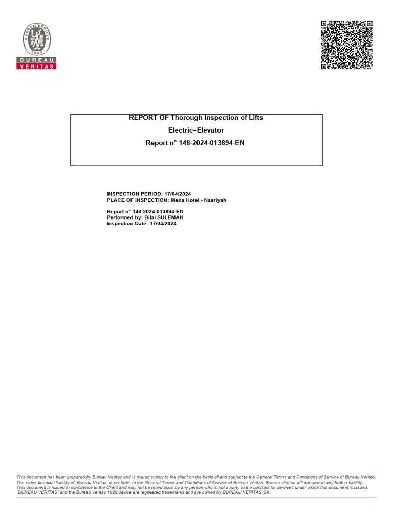 Lift Inspection Report - Mena Hotel 2024 | PDF | Elevator | Truck