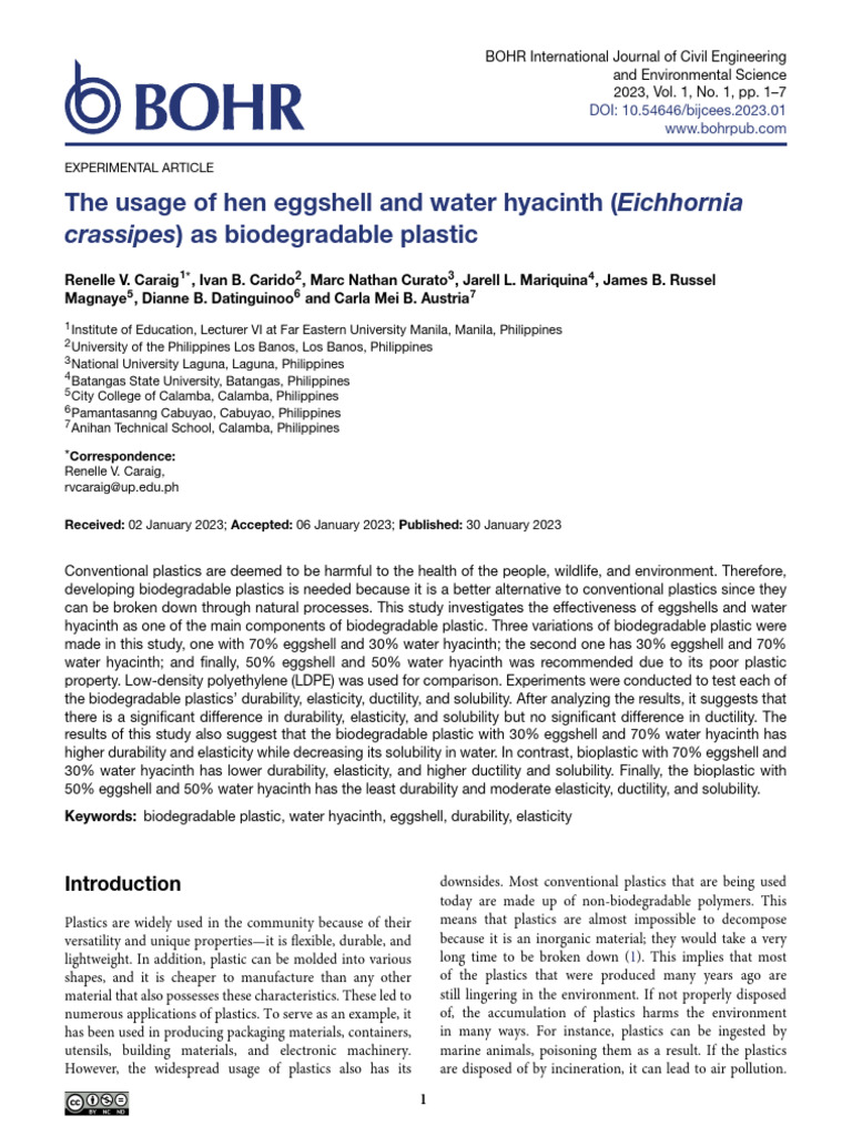 The Usage of Hen Eggshell and Water Hyacinth (Eichhornia Crassipes) As ...