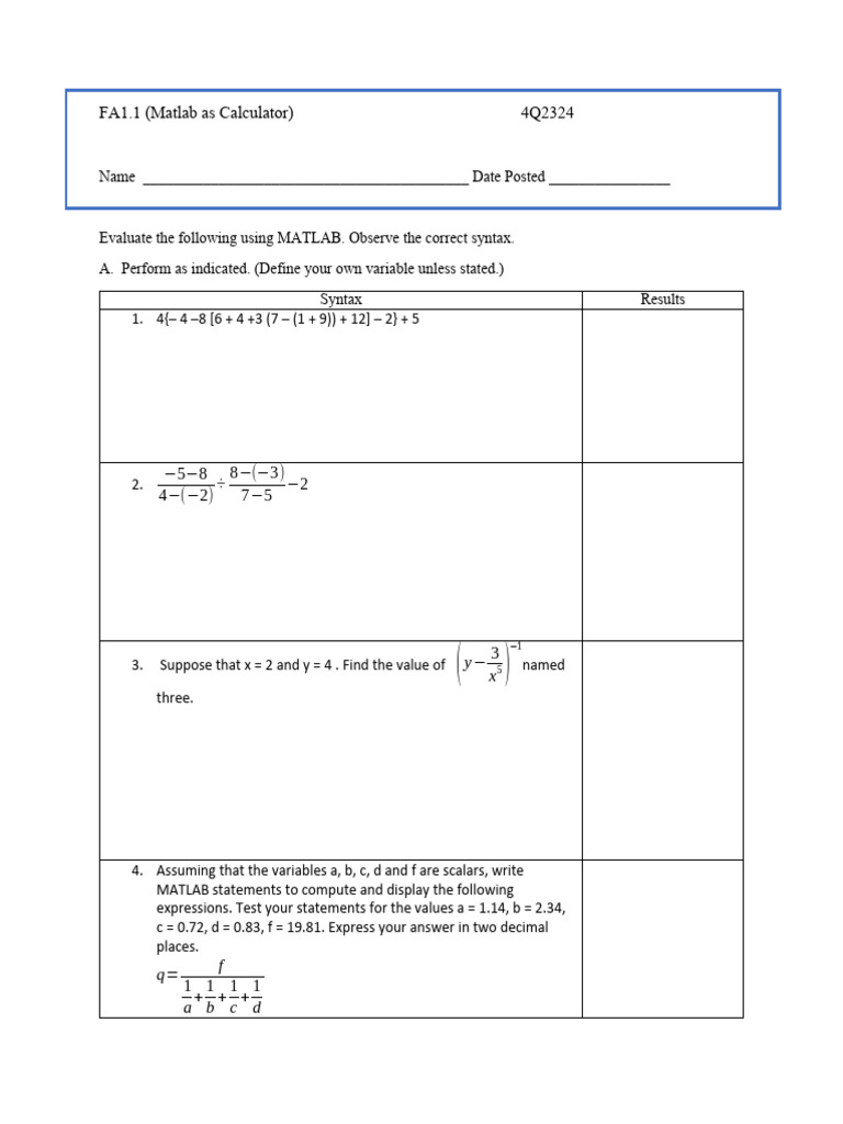 MATLAB Calculations and Syntax Guide | PDF
