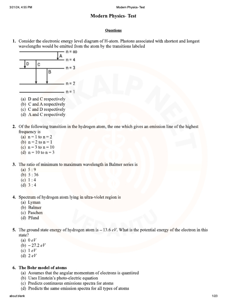 Modern Physics Test Questions and Answers | PDF | Breathing | Exhalation