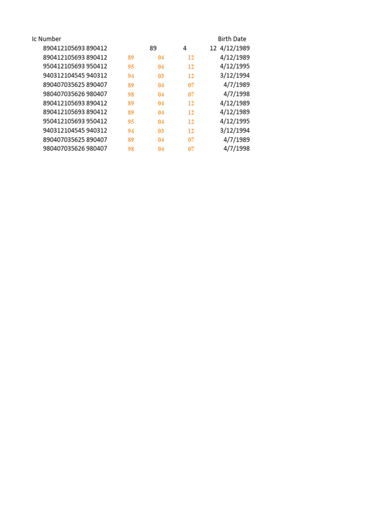 IC Numbers and Birth Dates List | PDF