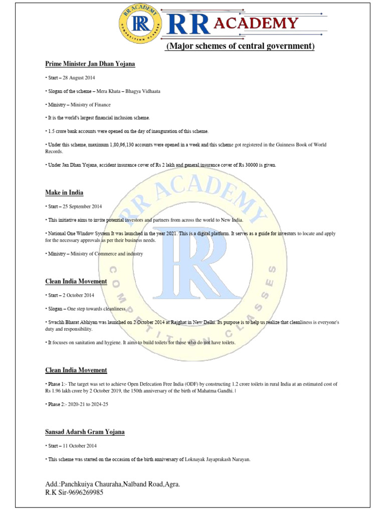 Major Central Government Schemes List | PDF | Economy Of India ...