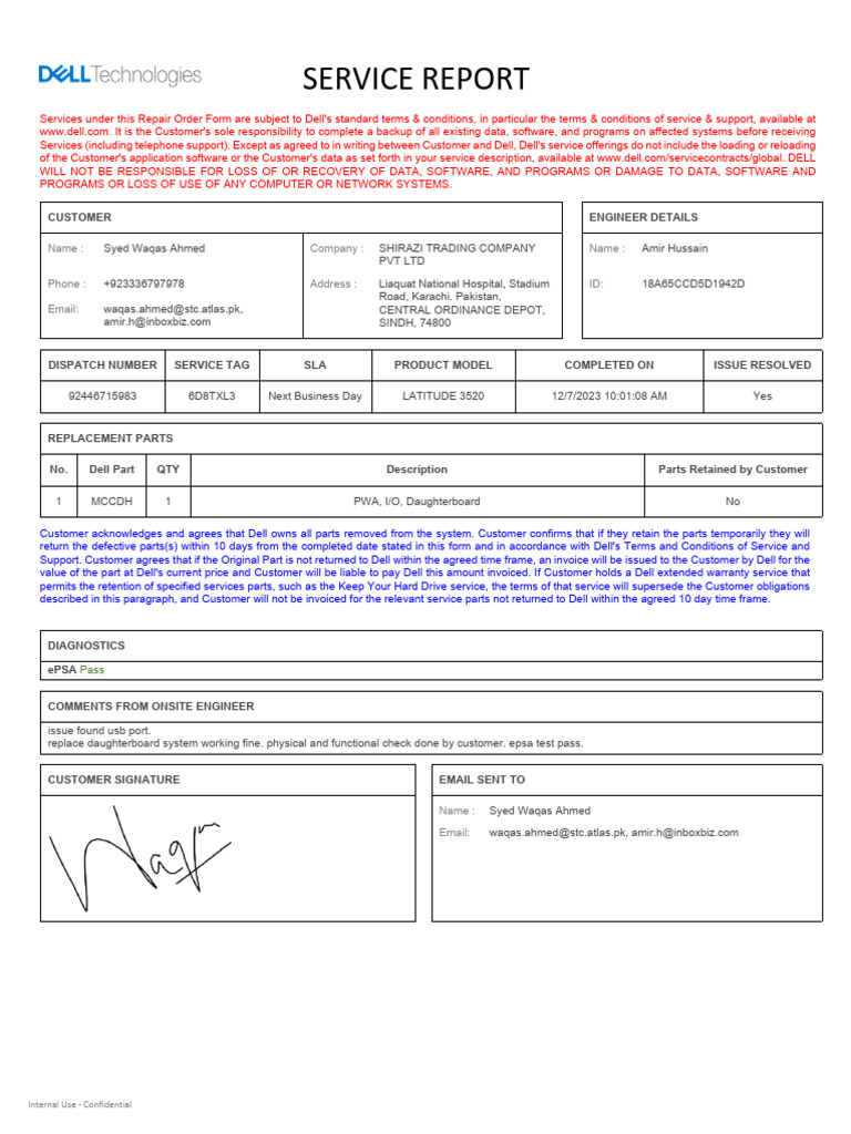 Service Report 92446715983 20231207 | PDF | Dell | Computing