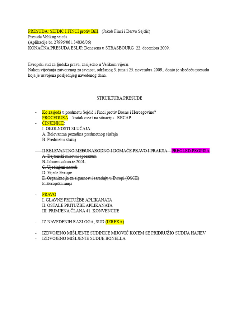 Struktura Presude Sejdić I Finci Protiv BiH | PDF