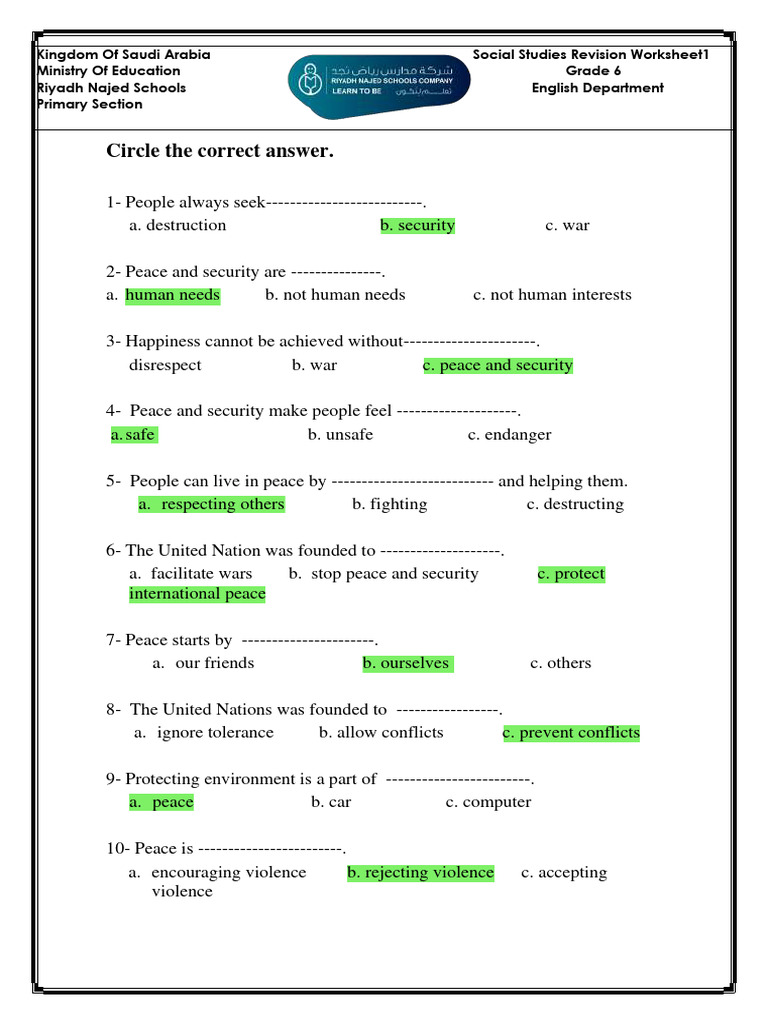 Grade 6 Social Studies Revision Worksheet | PDF | Toleration | Peace