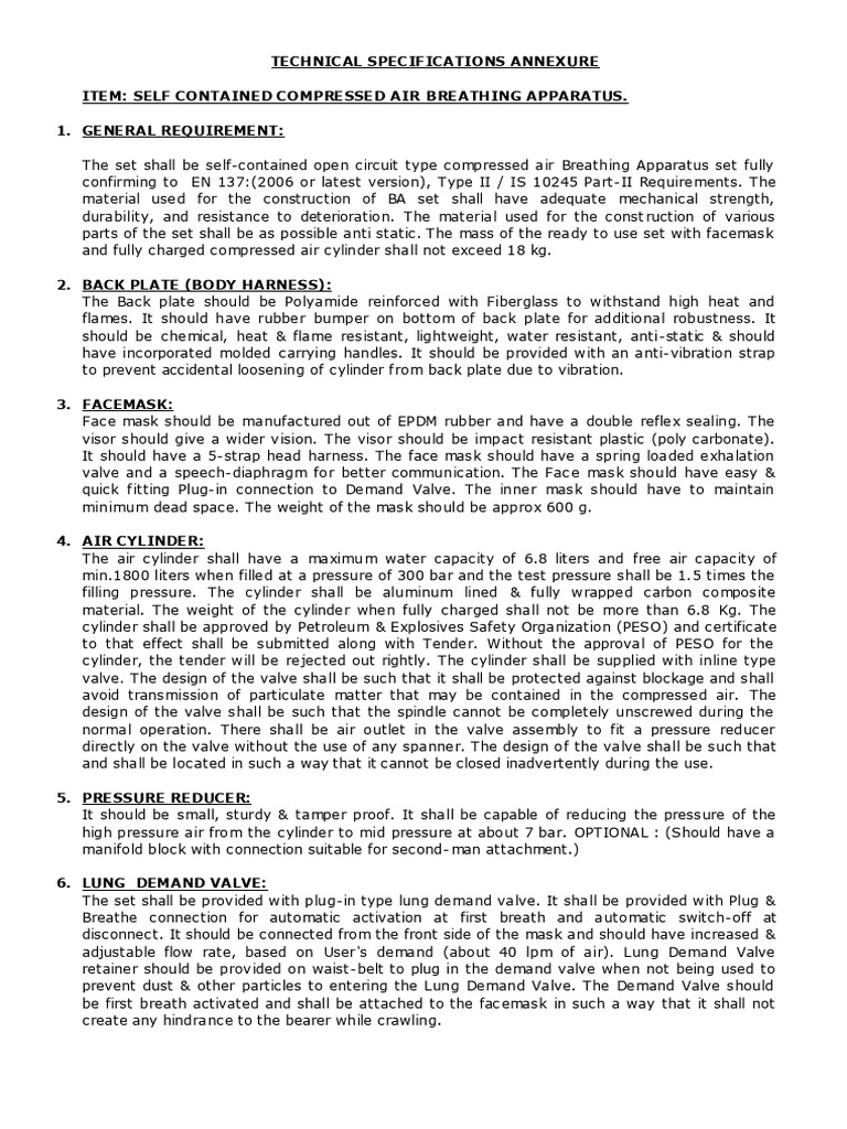 SCBA Technical Specifications and Requirements | PDF | Valve ...