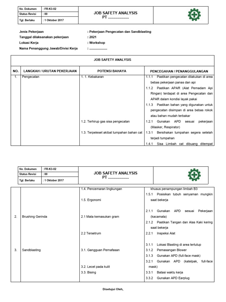 FR-K3-02 Job Safety Analysis Pengecatan & Sandblasting 2020 | PDF