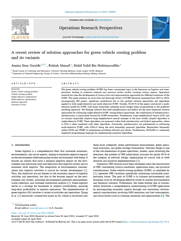 A Recent Review of Solution Approaches For Green Vehicle Routing ...