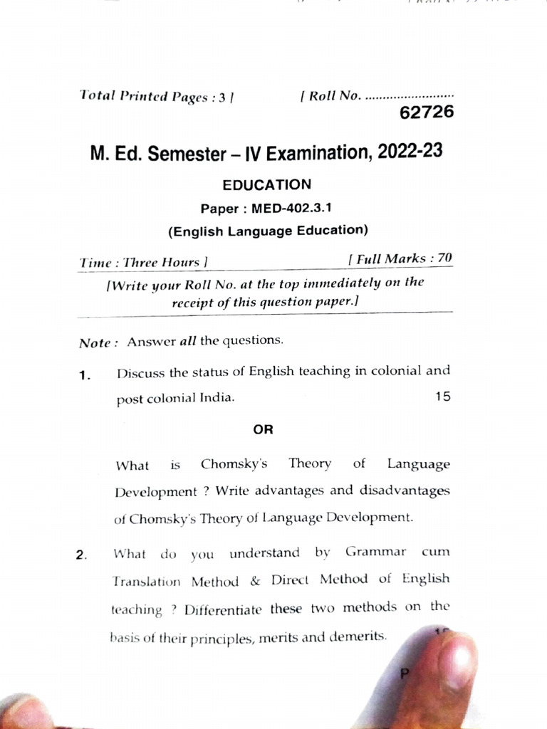 M.Ed. 4th Semester Exam Papers 2023-24 | PDF | Mathematics | Language ...