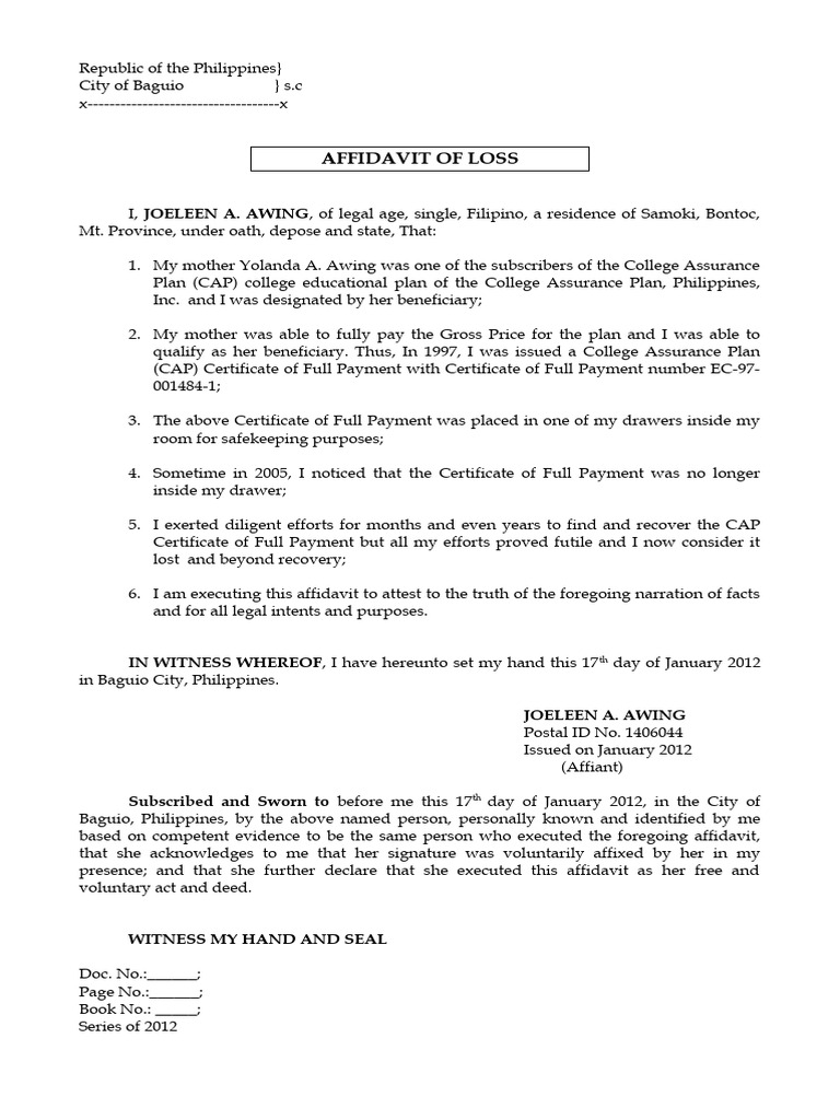 Affidavit of Loss for CAP Certificate | PDF | Social Science | Wellness