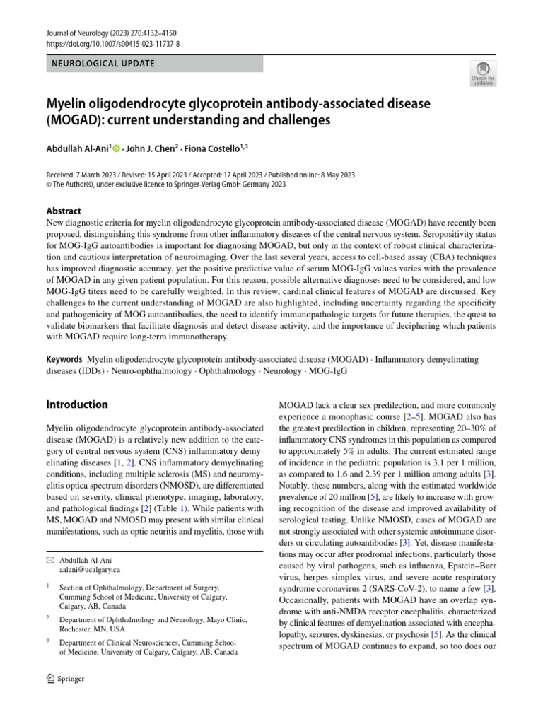Myelin oligodendrocyte glycoprotein antibody associated disease mogad