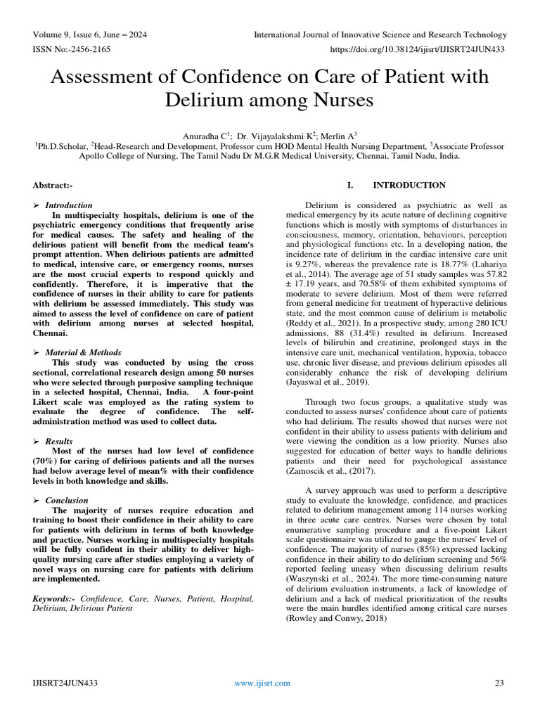 Nurse Confidence in Delirium Care Assessment | PDF | Intensive Care ...
