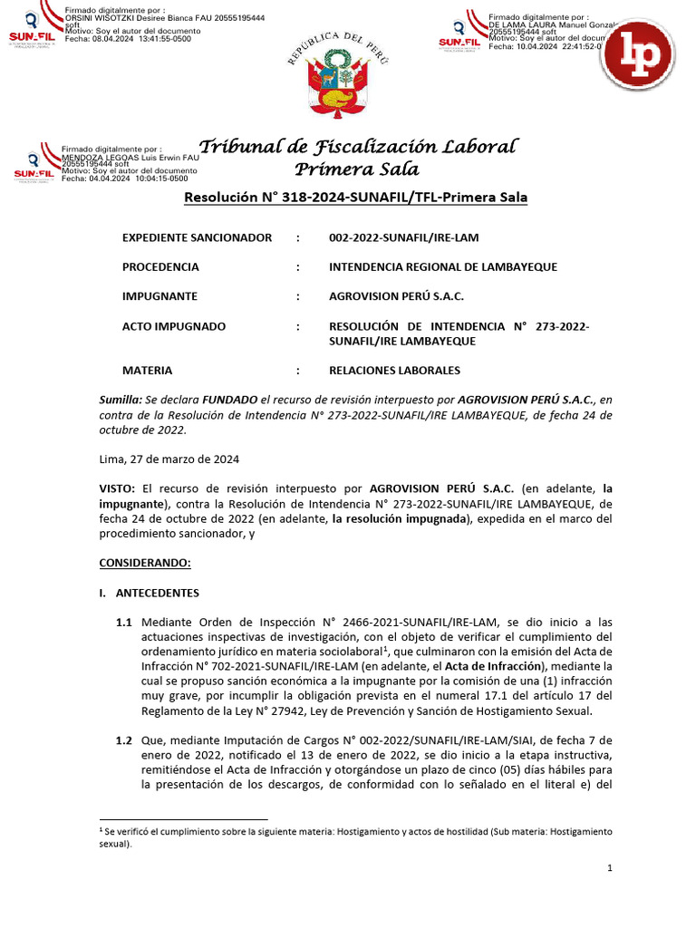 Resolucion 318 2024 Sunafil TFL Primera Sala LPDerecho | Descargar