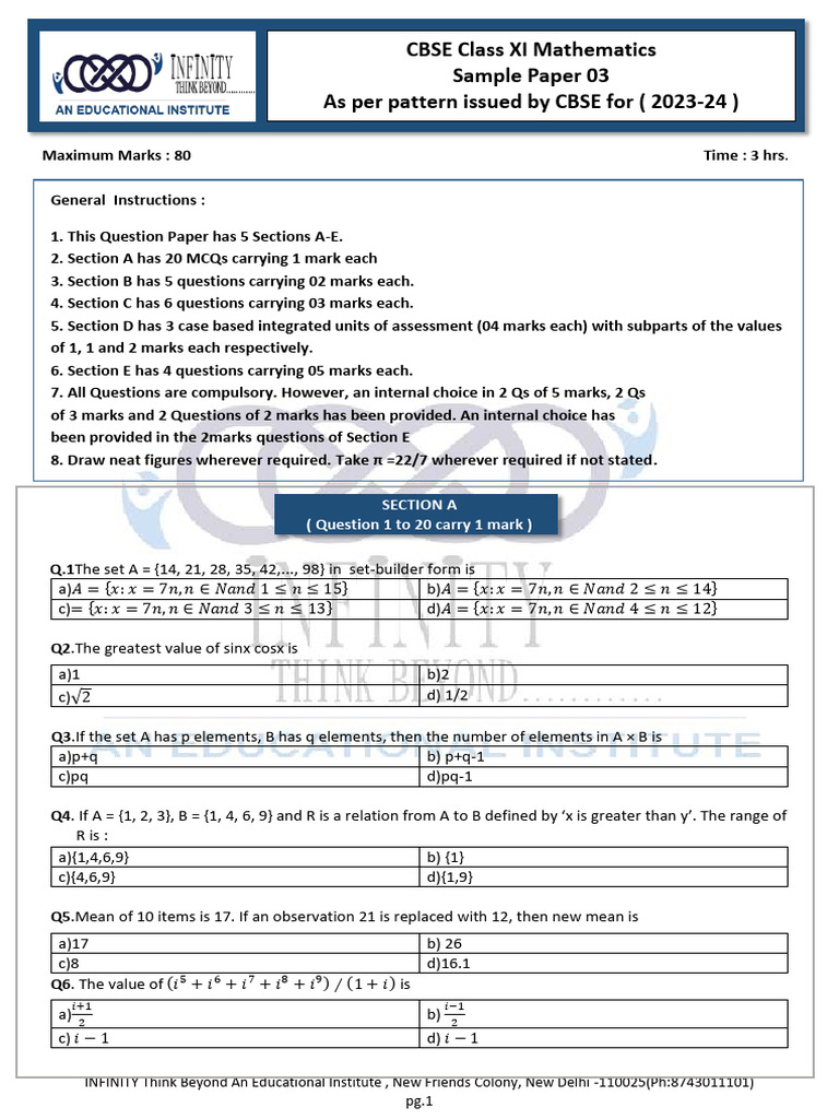 Class XI Mathematics Sample Paper 2023-24 | PDF | Mathematical Concepts ...