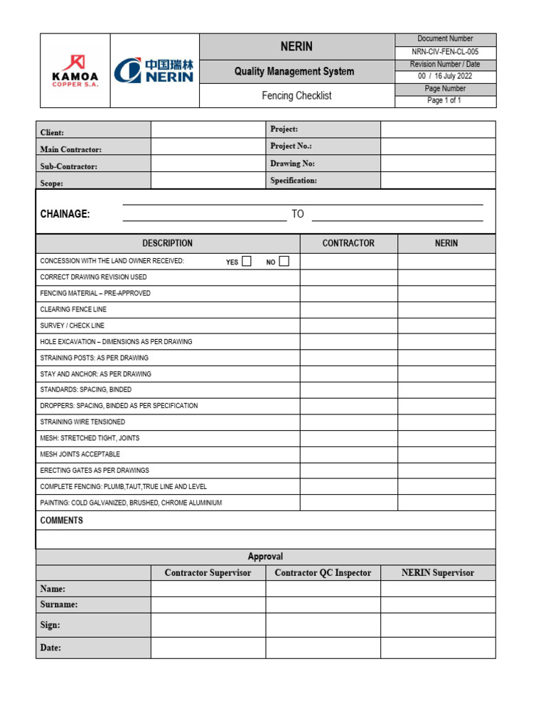 Fencing Inspection Checklist Document | PDF