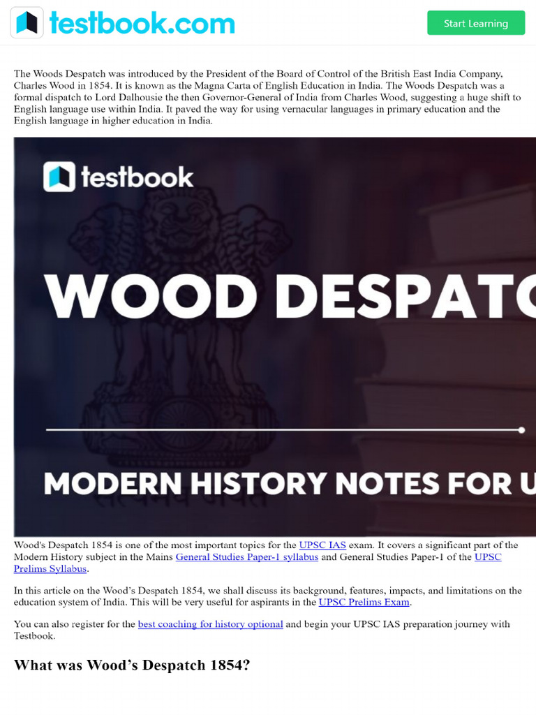 Woods Despatch 1854 Features, Impact, & Limitations UPSC Notes | PDF