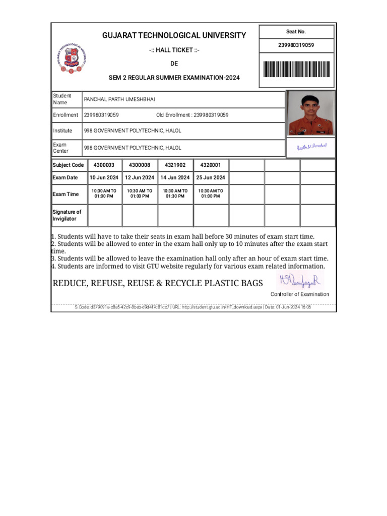 Hall ticket gtu pdf