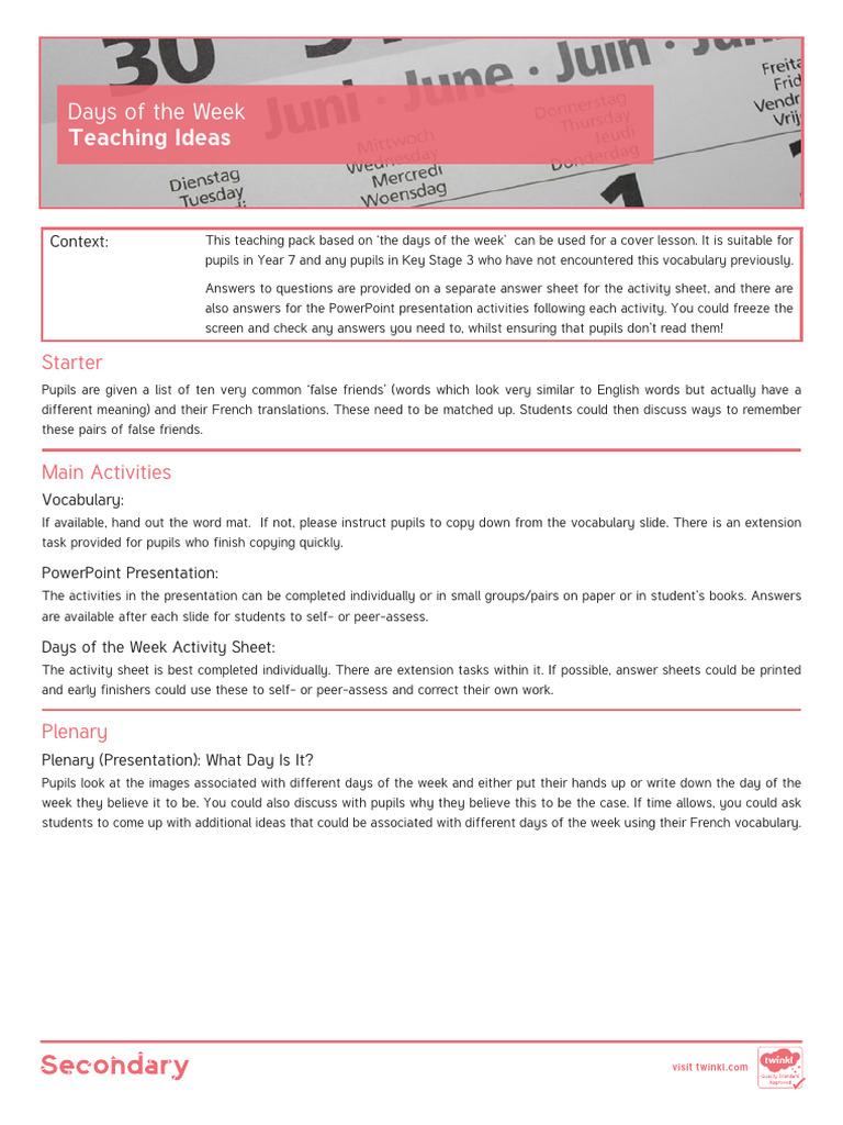 Days Of The Week Lesson Plan Pdf Language Arts Discipline